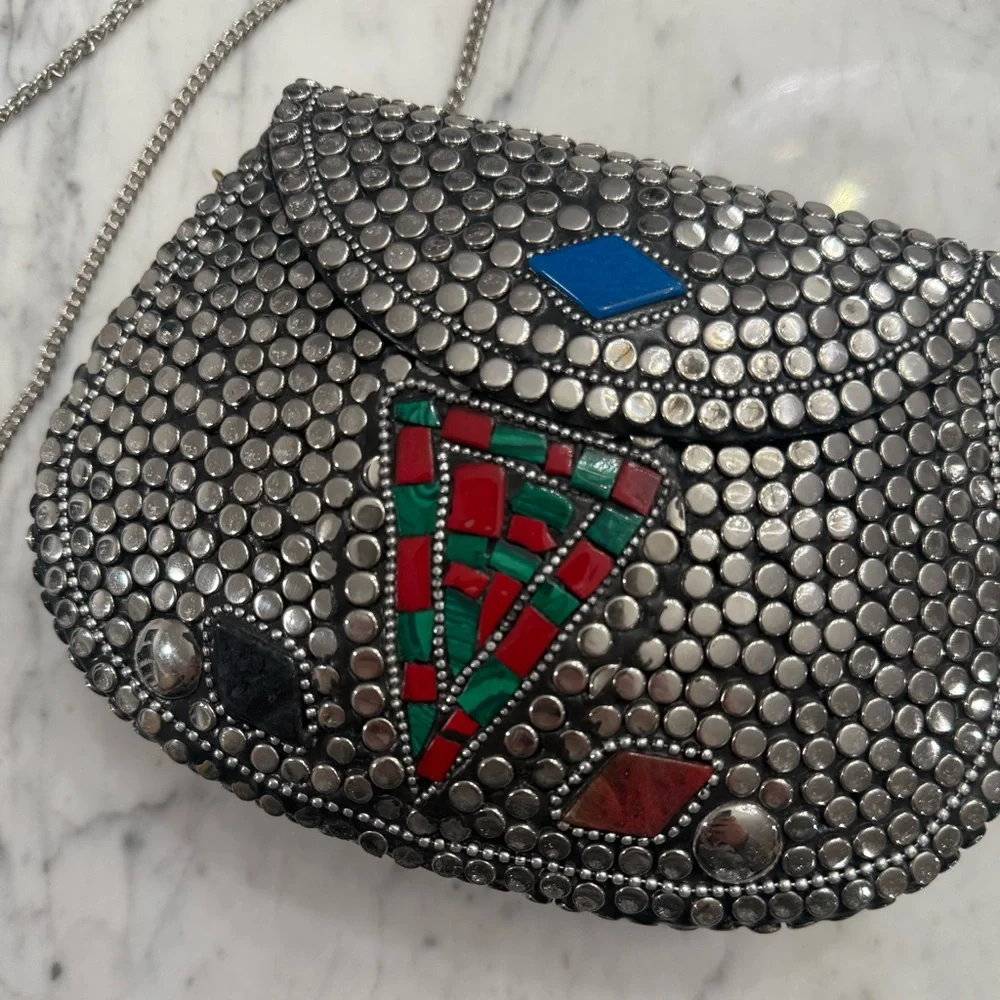 EXCELLENT $235 Ramla Handmade Mosaic Silver Beaded Mini Bag Unique Collectible - Picture 2 of 10